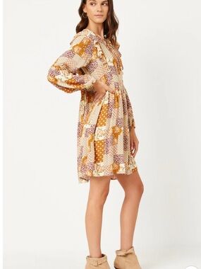 Hayden Mustard & Cream Patchwork Long-Sleeve Mini Dress